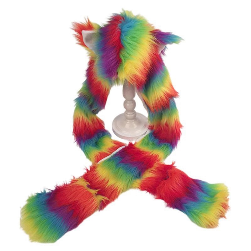 3 In 1 Women Girls Rainbow Fluffy Plush Wolf Ears Animal Hat Hoodie Scarf Earflap Cap with Paws Mittens Gloves Winter Warmer  Multi One Size | Fruugo SG