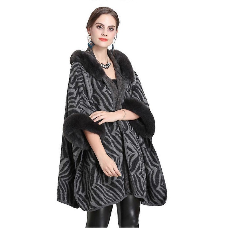Knitting Hoodie Blanket Shawls with Faux Fur Trimming Colloar Crochet Cape for Lady | Fruugo SG