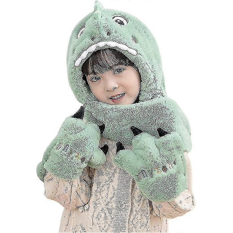 Kids Dinosaur Plush Hat Gloves Scarf 3 In 1 Set Girls Boys Winter Cute Warm Long Hoodie | Fruugo SG