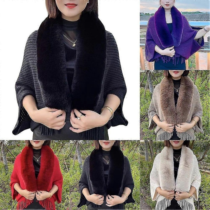 Winter Shawls Thick Imitation Rabbit Fur Collar Sweater Ladies Cardigan Capes Batwing Sleeve Cloak | Fruugo SG