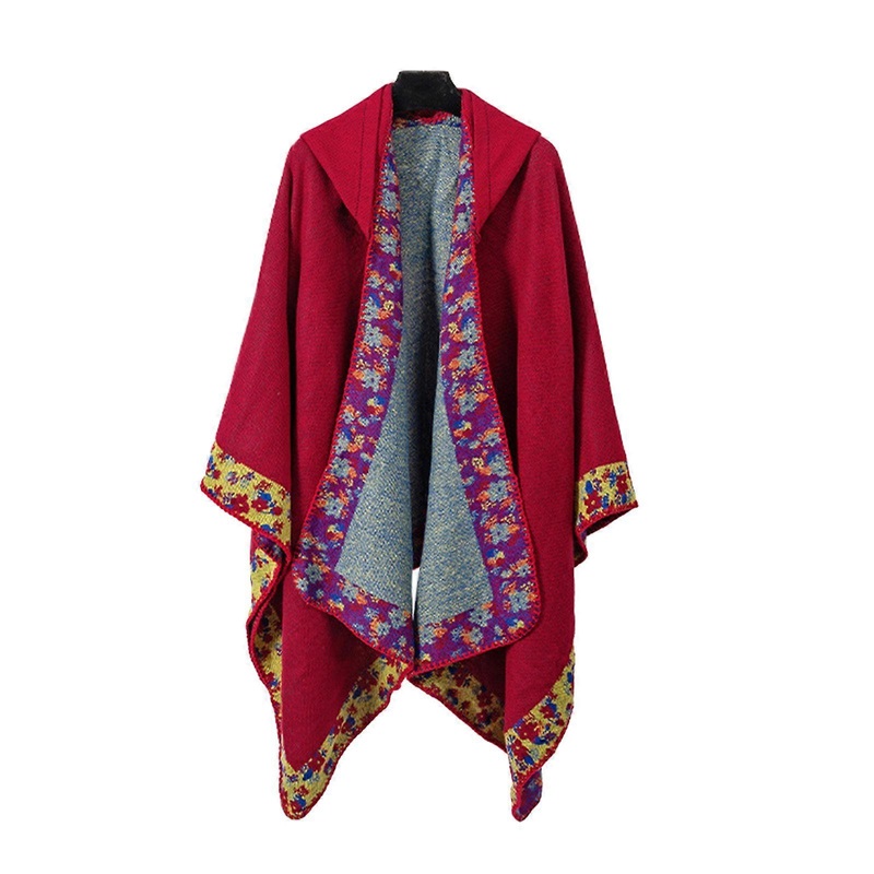 Women Ethnic Floral Hooded Poncho Cape Shawl Wrap Winter Fall Warm Knitted Blanket Open Front Sweater Coat Cardigan  Red | Fruugo SG