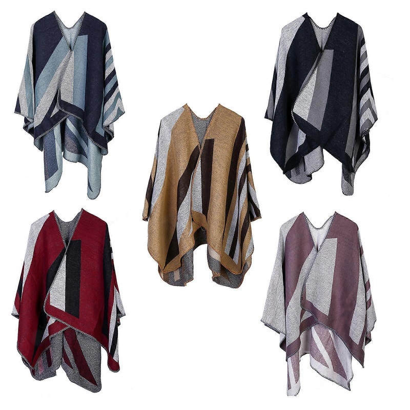 Women Open Front Poncho Cape Color Block Irregular Striped Shawl Wrap Thicken Warm Oversize Cardigan Sweater Scarf  Pink | Fruugo SG