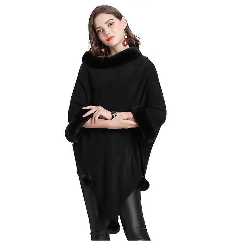 Black Warm Wraps Shawls with Faux Fur Trimming Crochet Cape Pullover Wrap for Lady | Fruugo SG