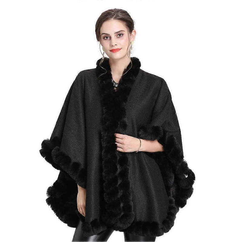 Loose Shawls with Faux Fur Trimming Elegant Knitting Cape for Lady Black | Fruugo SG