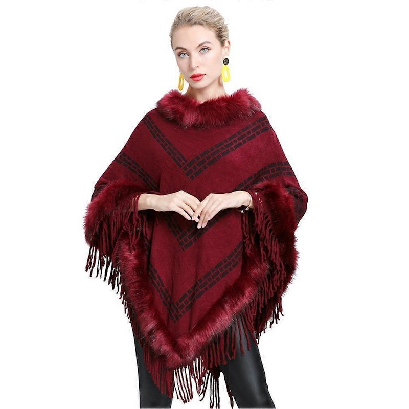 Red Pullover Wrap Shawl with Faux Fur Trimming Loose Blanket with Tassel for Lady | Fruugo SG