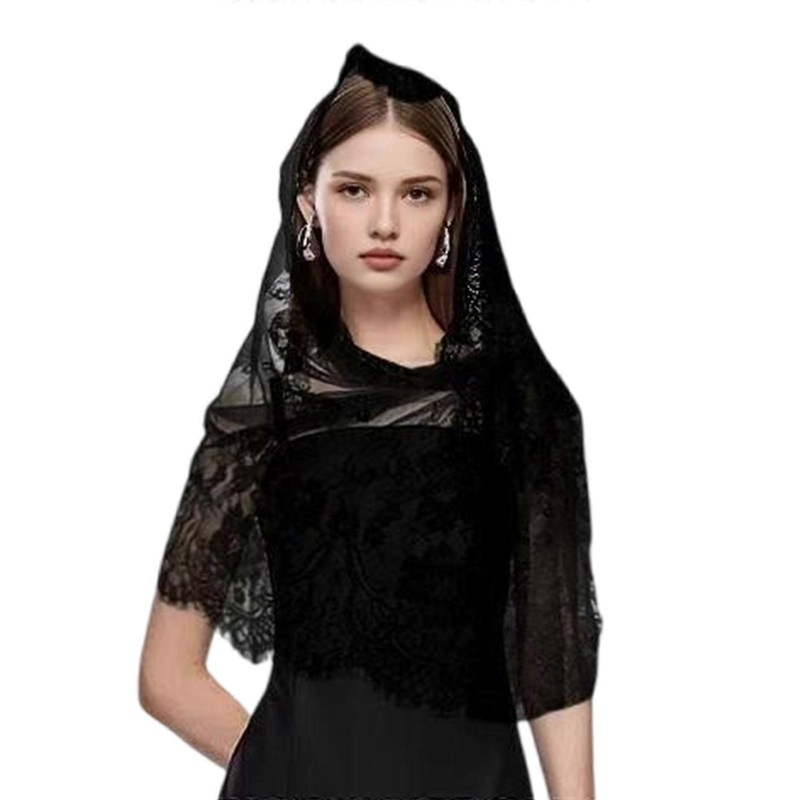 Stylish Lace Veiled Hollowed Out Shawl Soft Shoulder Wrap Scarf for Church Services Weddings or Easter Celebration  Black | Fruugo SG