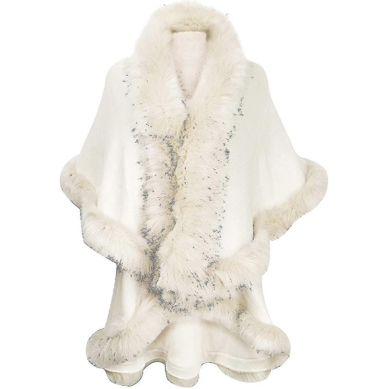 Women’s Fine Knit Cardigan With Faux Fur Trim Layers Poncho Cape | Fruugo SG