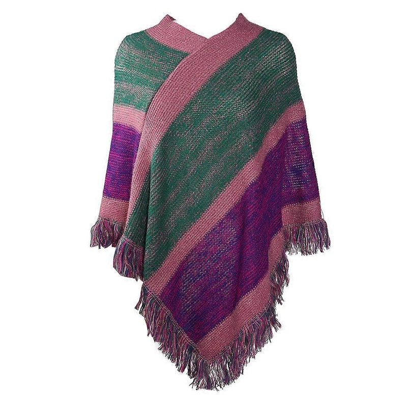 Women Ethnic Knitted Pashmina Poncho Cape Color Block Striped Fringe Tassels Hem Pullover Sweater V-Neck Winter Warm Shawl Wrap Top  Purple | Fruugo SG