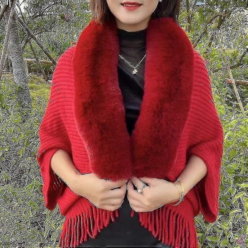 Women Plain Faux Fur Collar Shawl Wrap Tassels Poncho Open Knitted Igan | Fruugo SG