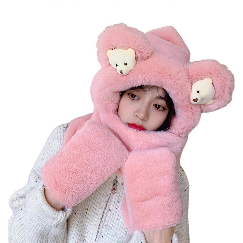 One Piece Cap Neck for Protection Cute Bear Ear Hat Scarf Gloves Set Winter Women Novelty Caps Warm Casual Plush Hats Ca  Pink | Fruugo SG