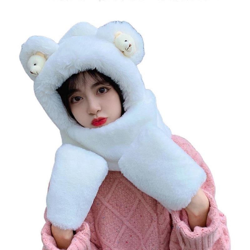 Windproof Scarf One Piece Scarf Winter Hat Scarf Gloves Set For Girl Bear Ear Hat Scarf Warm Ear for Protection Three Pi  White | Fruugo SG