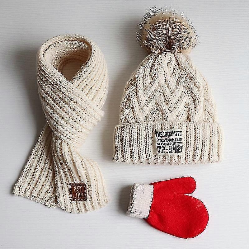 Children’s Woollen Hat Three Pieces Autumn Winter Plus Wool Boys And Girls Scarf Gloves Baby Thick Warm Pullover Knitted Hat Beige | Fruugo SG