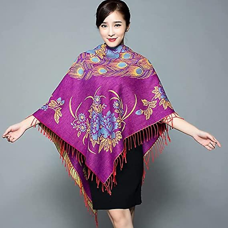 Scarves,women’s Autumn Winter Cold-proof Scarf Vintage Purple Square Scarf Fringed Peony Flower Peacock Jacquard Ethnic Warm Soft Cashmere Touch Scarf | Fruugo SG