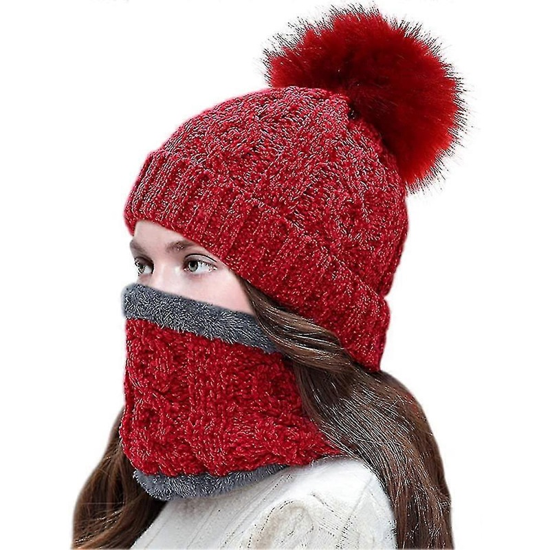 Women Winter Pom Beanie Hat And Circle Scarf Set Chenille Knit Warm Winter Hat | Fruugo SG