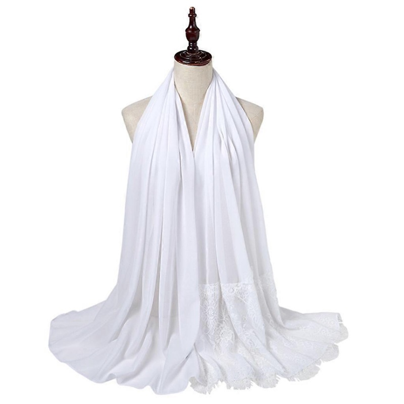 Womens Chiffon Muslim Hijab Wrap Eyelash Floral Lace Splicing for Head Scarf Sha  White | Fruugo SG