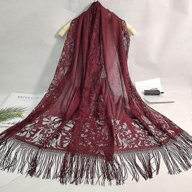 JWL-Thin Scarf Hollow Lace Printing Soft Turban Sun Protection Translucent Tassel Solid Color Beach Banquet Female Shawl A75 | Fruugo SG