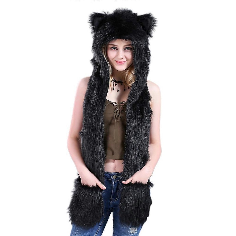 Winter Warm Women Hoodie Gloves Pocket Earflap Hat Long Scarf Shawl Cute Animal Ears Cold Weather Fleece Neck Warmer  all black | Fruugo SG