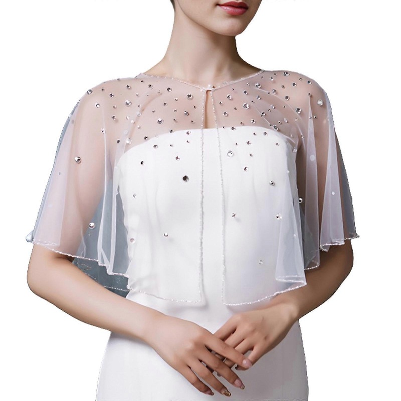 Short Evening Gown Tulle Shawl for Bride Beadwork Bride Shawl Beach Evening Party Shoulder Wrap Engagement Event Shawl | Fruugo SG