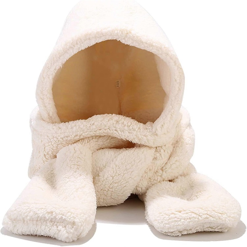Winter Faux Fur Hood Hat Scarf and Gloves 3 in 1 Hooded Scarf for Women Men Beige White – | Fruugo SG