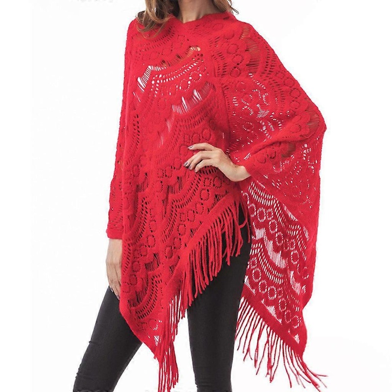 Women Hollow Out Crochet Batwing Sweater Cape Pullover Knitted Shawl Scarf Solid Color Tassels Asymmetric Poncho Wrap  Red | Fruugo SG