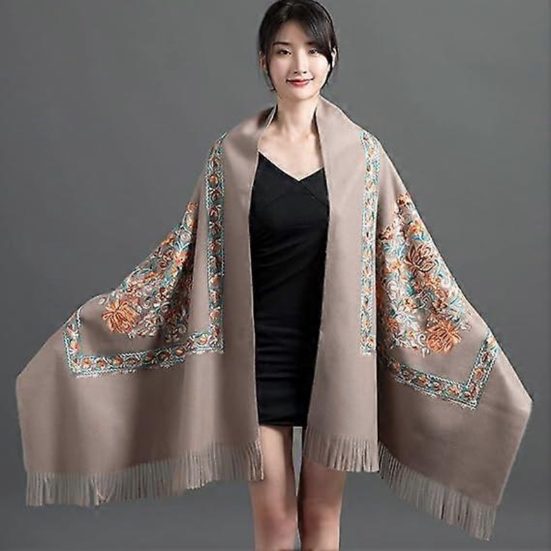 Women’s autumn and winter cold scarf vintage khaki color lotus leaf fortune tree embroidery tassel ethnic wind warm soft cashmere touch scarf shawl | Fruugo SG