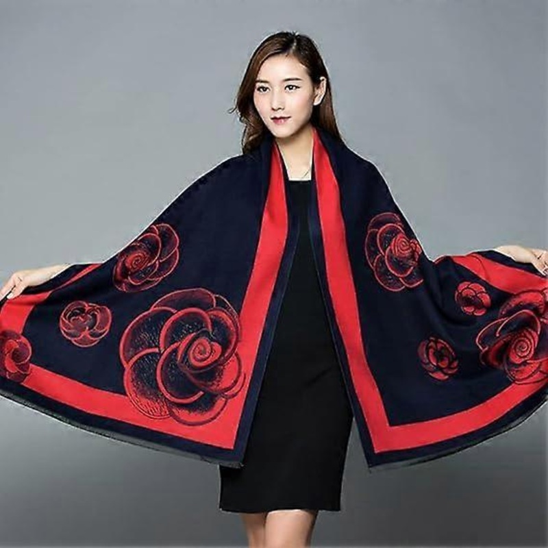 Women’s fall and winter cold scarf retro navy blue rose jacquard red edge ethnic style warm soft cashmere touch scarf thickened blanket shawl scarf | Fruugo SG