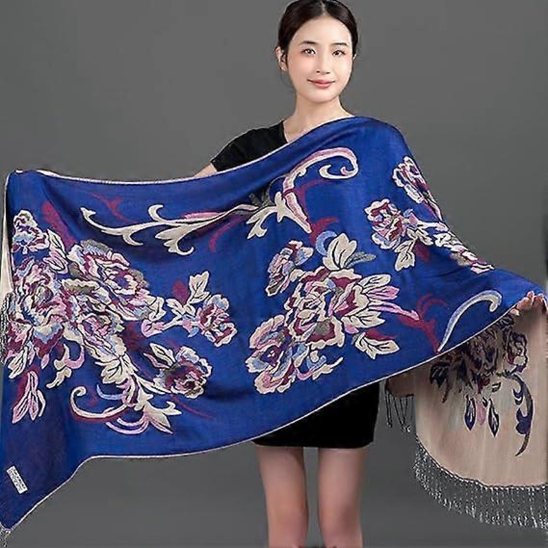 Women’s fall and winter cold scarf vintage blue peony flowers and leaves printing tassel ethnic wind warm soft cashmere touch scarf shawl scarf | Fruugo SG