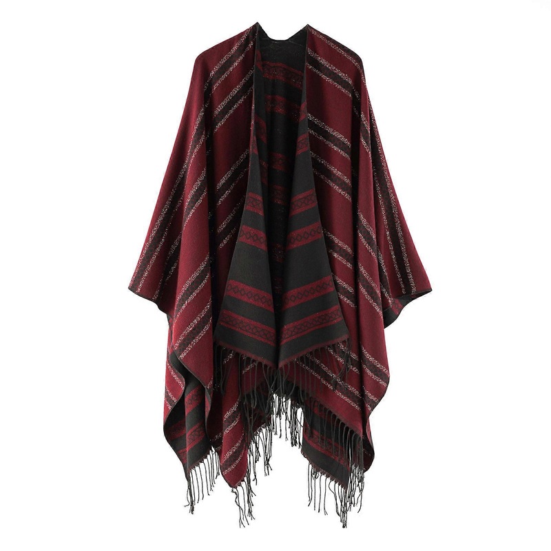 Women Striped Shawl Winter Warm Large Scarf Sweater Fringed Capelet Cashmere Feel Soft Warm Blanket  Burgundy | Fruugo SG
