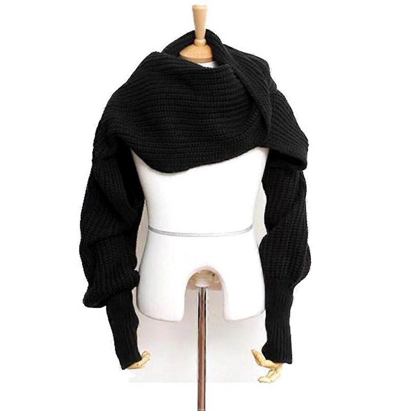 Knit Scarf With Sleeves Cape Shawl Black Warmth Neck And Arms Coverage Unisex Design Autumn Winter 270cm X 50cm 1Set | Fruugo SG