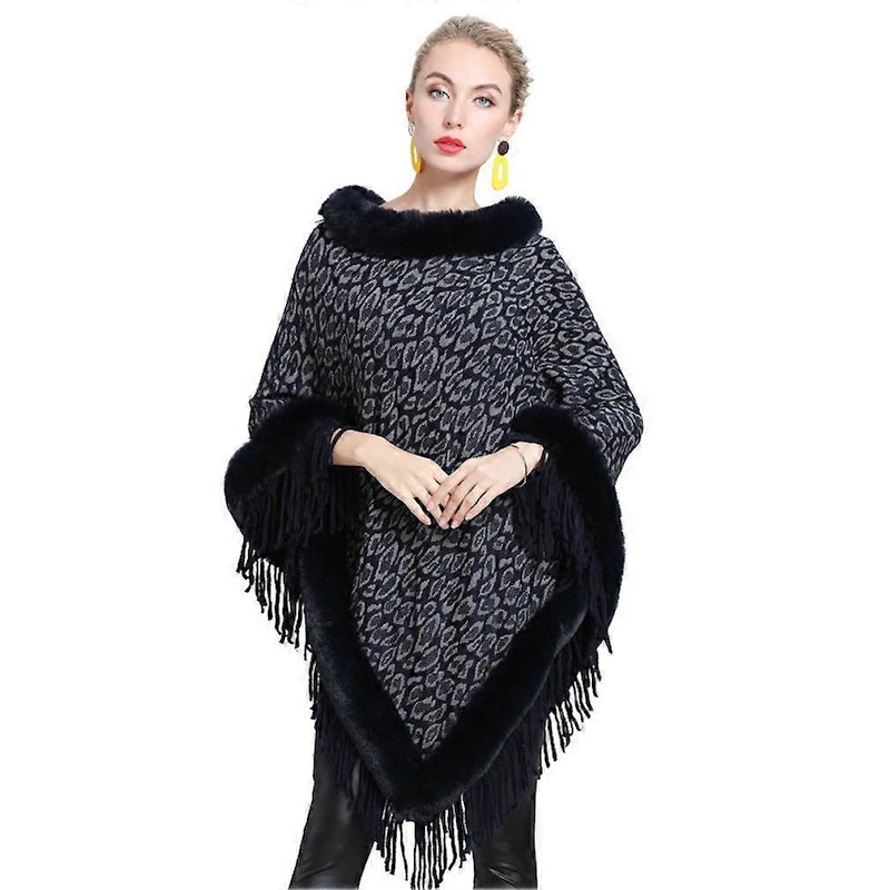 Black Pullover Wrap Shawl with Faux Fur Trimming Loose Cape with Tassel for Lady | Fruugo SG