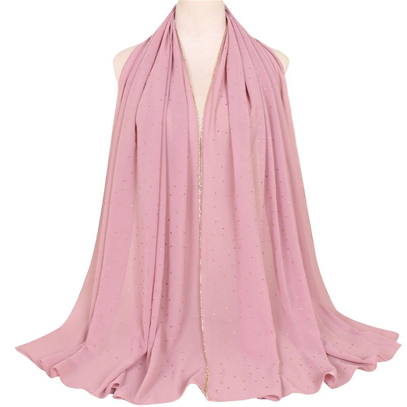 Chiffon Scarf for Women Fashion Soft Hijab Long Head Wrap Scarves with Glitter Rhinestones Trim Solid Color  leather powder | Fruugo SG