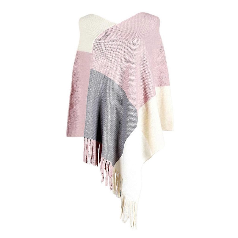 Women Color Block Poncho Cape Asymmetric Tassel Knit Shawl Wrap Pullover Sweater  Pink | Fruugo SG