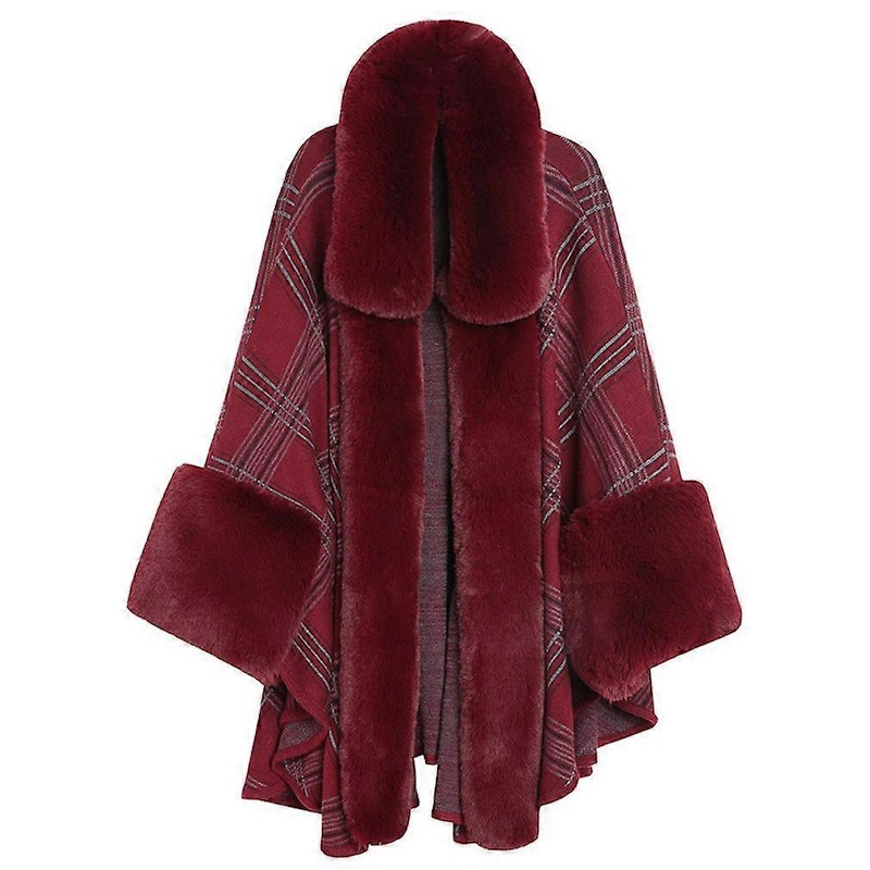 Burgundy Warm Wraps Shawls with Faux Fur Trimming Loose Cardigan with Plaid Pattern for Lady | Fruugo SG