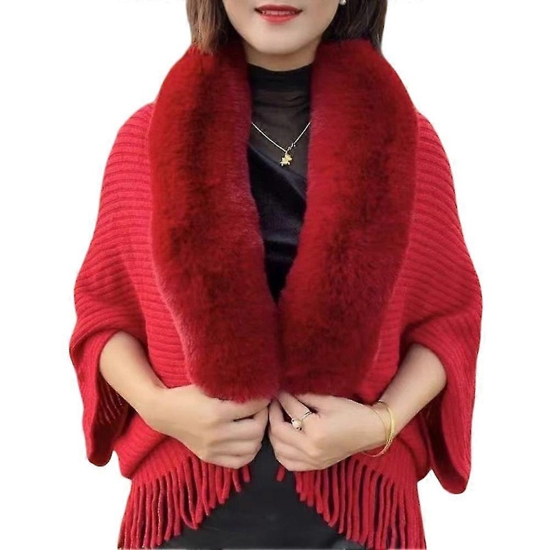 Knitting Thick Women’s Loose Shawl With Fur, Fur Collar Shawl, Tassel Cloak Shawl Sweater For Evening Dresses | Fruugo SG