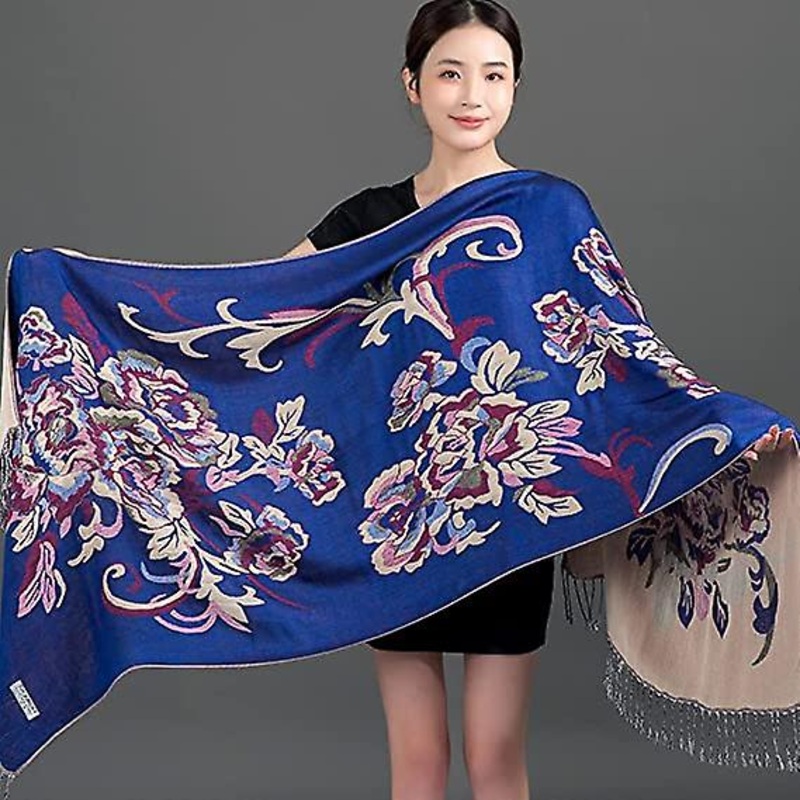 Scarfs,women’s Autumn Winter Cold-proof Scarf Vintage Royal Blue Peony Flower Leaf Print Tassel Ethnic Warm Soft Cashmere Touch Scarf Thick Blanket We | Fruugo SG