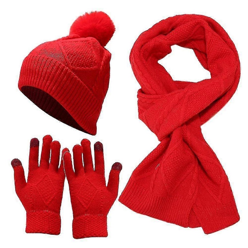 3pcs/set Women Men Cable Knit Pom Pom Beanie Hat Winter Warm Long Scarf Full Finger Gloves | Fruugo SG