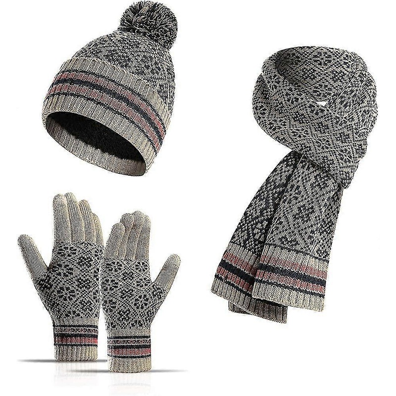 Womens Beanie Gloves Scarf Set. Winter Thermal Pom Pom Hats Mittens Neck Scarf | Fruugo SG