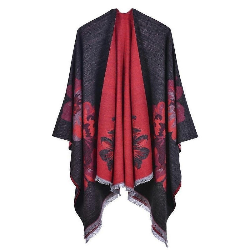 Dual Side Flowered Pashmina Shawl Wrap Thicken Warm Poncho Open Front Cape for Lady | Fruugo SG