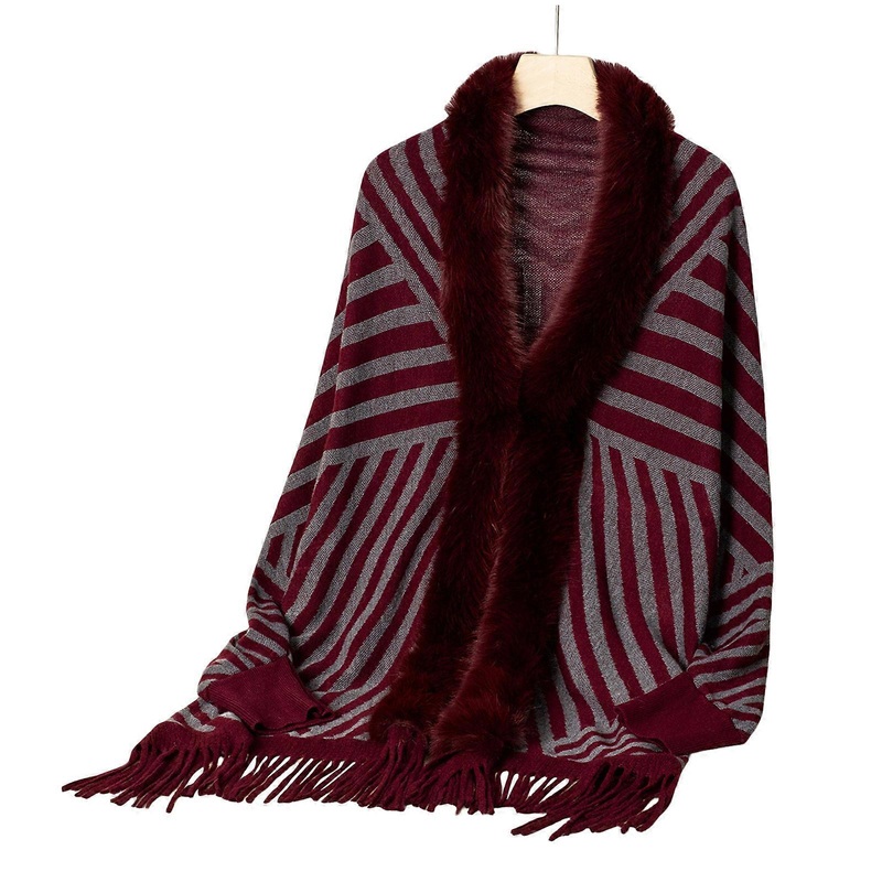 Knit Striped Batwing Sleeve Shawl Wrap Open Front Sweater Ponchos for Women Winter Fall Furry Collar Fringes Cardigan  Burgundy | Fruugo SG