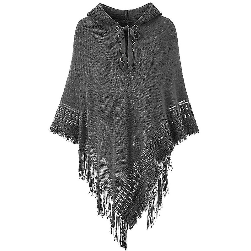 Ladies Hooded Solid Color Cutout Tassel Cape | Fruugo SG