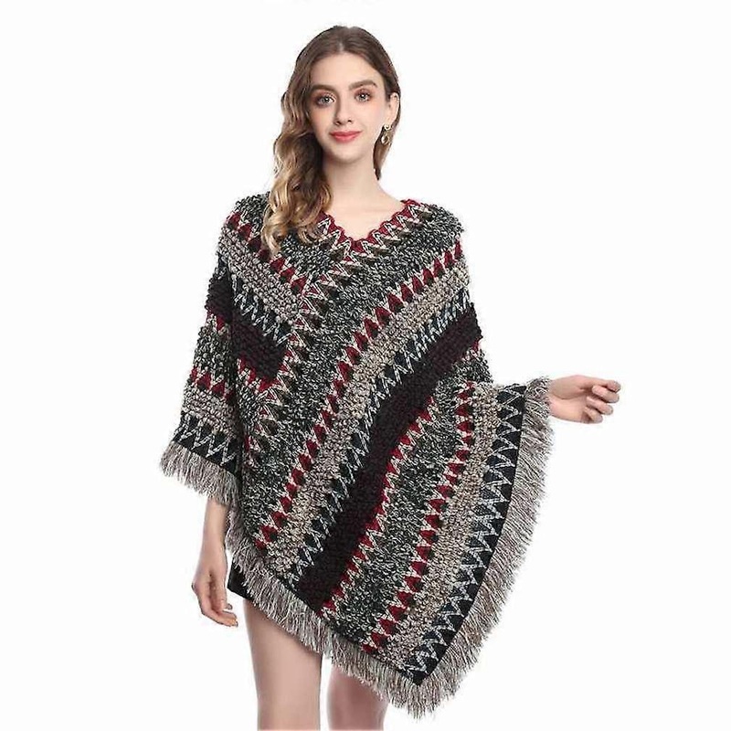 Loose Pullover Shawl Ethnic Style Poncho with Tassel for Lady | Fruugo SG