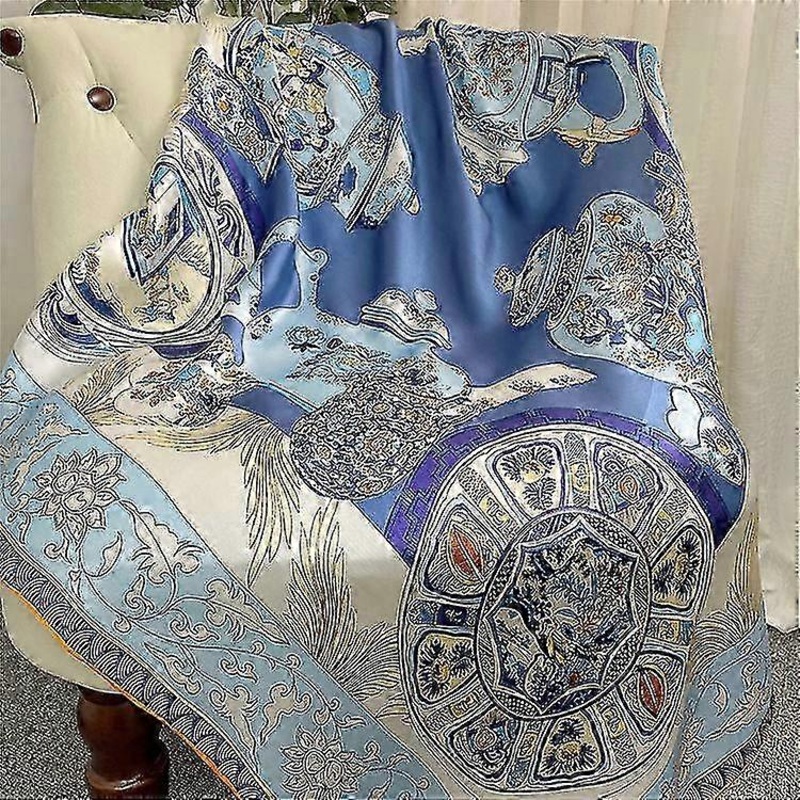 96% Mulberry Silk Scarf Large Square Blue White Porcelain Crepe Scarf | Fruugo SG