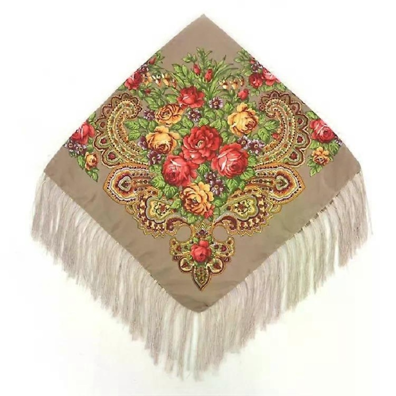 Retro Flower Pattern Tassel Scarf-90x90cm Khaki Ethnic Headscarf | Fruugo SG
