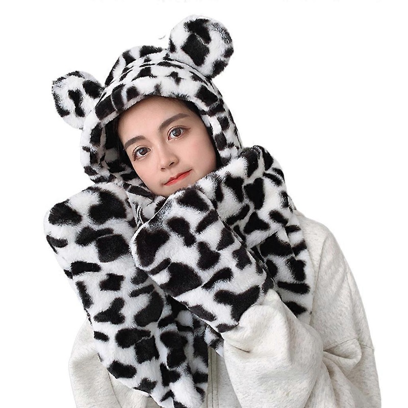 Women Faux Rabbit Fur Warm Leopard Tiger Skin Pattern Scarves for Winter Hood Scarf Hat Glove Set Ladies Girls Caps  Leopard print black and white | Fruugo SG