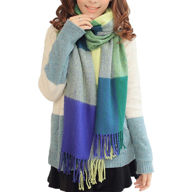 Women’s Fashion Long Shawl Big Grid Winter Warm Lattice Large Scarf Blue-Green | Fruugo SG