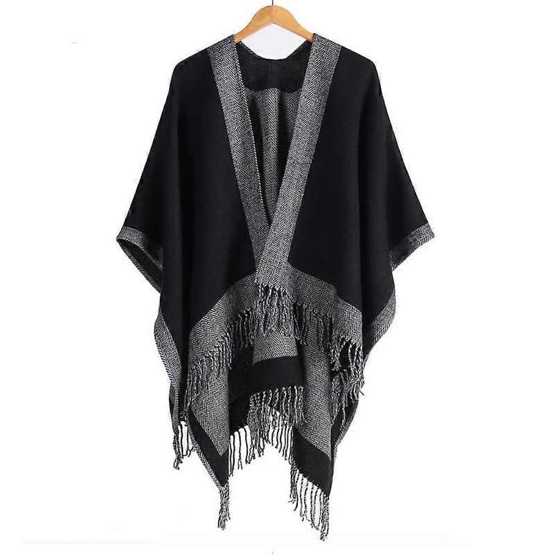 Black-Grey Scarf Elegant Shawl Wrap Warm Poncho with Tassel for Lady | Fruugo SG
