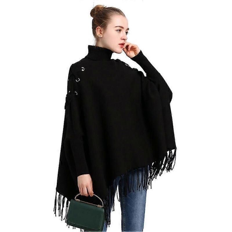 Black Loose Turtleneck Pullover Wrap Shawl Batwing Blouse with Tassel Knitting Cape for Lady | Fruugo SG