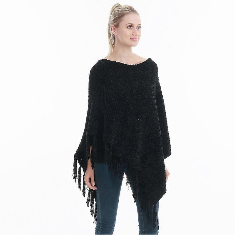 Black Thicken Poncho Pullover Shawl with Tassel Loose Cape for Lady | Fruugo SG