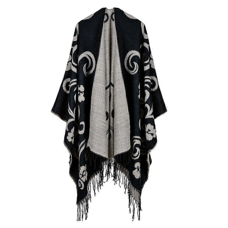 Cashmere Feel Thicken Poncho Fringed Hem Shawl Wrap with Flowers Open Front Long Winter Sweater Coat | Fruugo SG