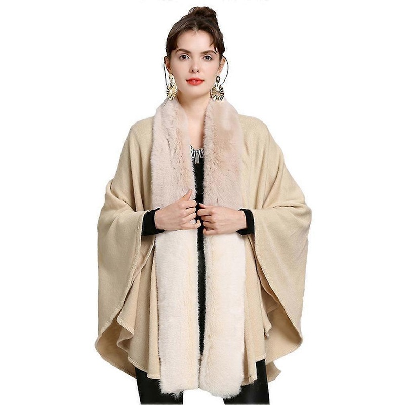 Cream Warm Shawls with Faux Fur Collar Gredient Loose Cape for Lady | Fruugo SG